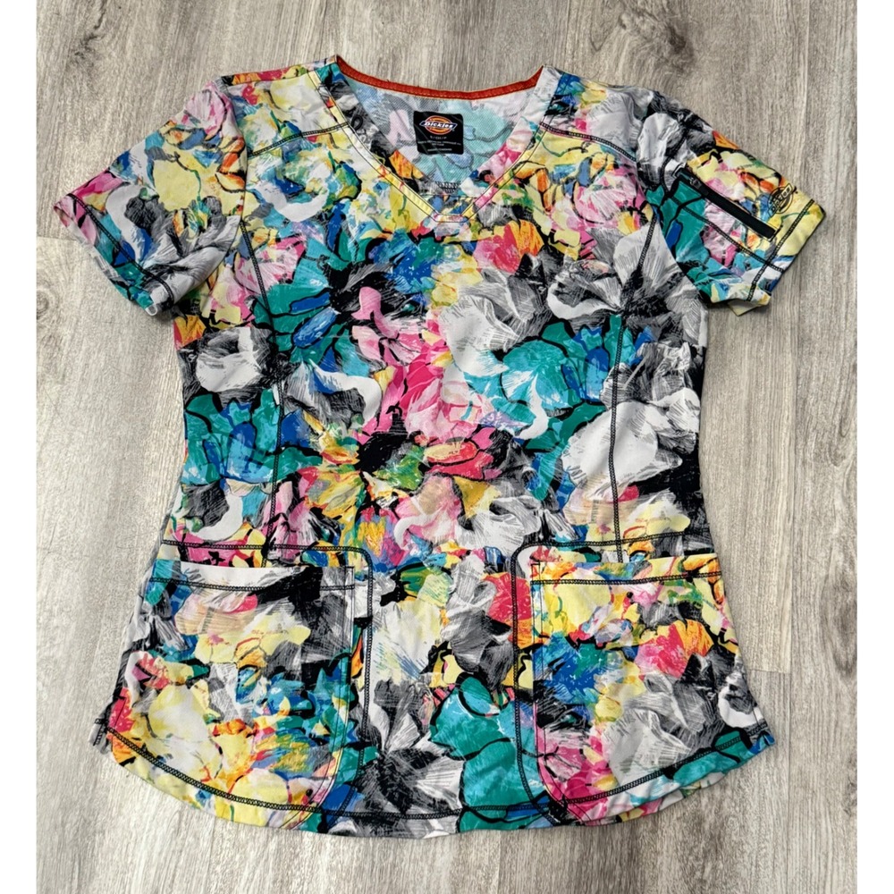 Dickies Floral Print Scrub Top V-Neck Short Sleeve Zipper Pocket Womens Small